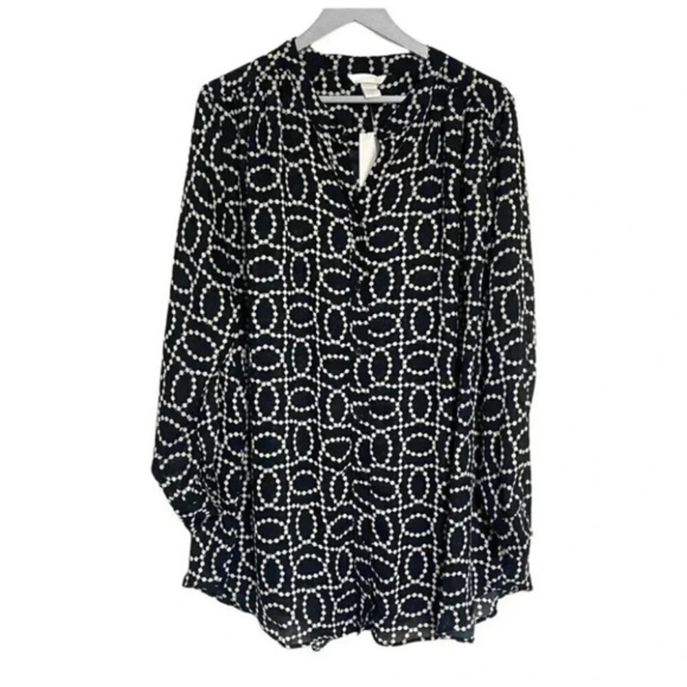 H&M XXL sheer black with pearls print button down blouse New